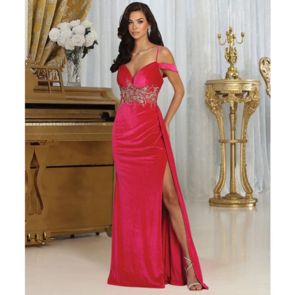 Fuchsia Prom Long V-Neck Spaghetti Straps Sheath Dress By Royal Queen RQ8087